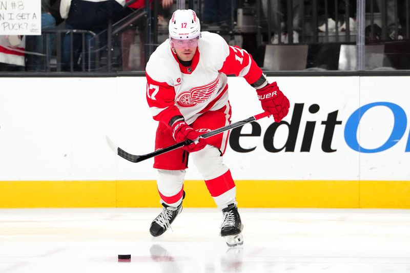 Mar 9, 2024; Las Vegas, Nevada, USA; Detroit Red Wings right wing Daniel Sprong (17) warms up before a game against the Vegas Golden Knights at T-Mobile Arena. Mandatory Credit: Stephen R. Sylvanie-USA TODAY Sports