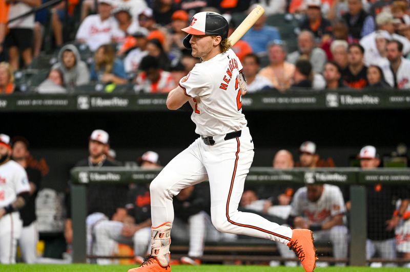 Sep 4, 2024; Baltimore, Maryland, USA;  Baltimore Orioles shortstop Gunnar Henderson (2) swings through a third inning single against the Chicago White Sox at Oriole Park at Camden Yards. Mandatory Credit: Tommy Gilligan -Imagn Images