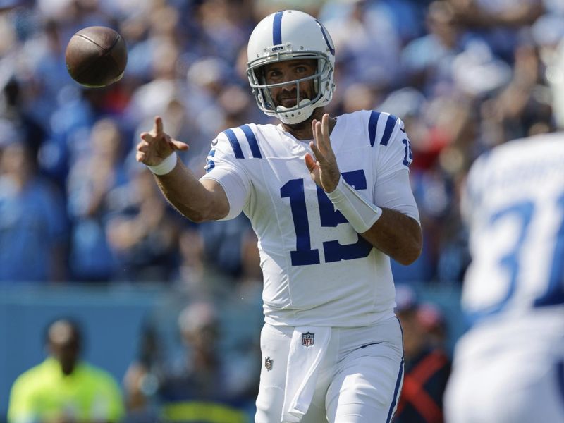 Indianapolis Colts quarterback Joe Flacco (15) passes the ball during the first half of an NFL football game against the Tennessee Titans, Sunday, Oct. 13, 2024, in Nashville, Tenn. (AP Photo/Stew Milne)