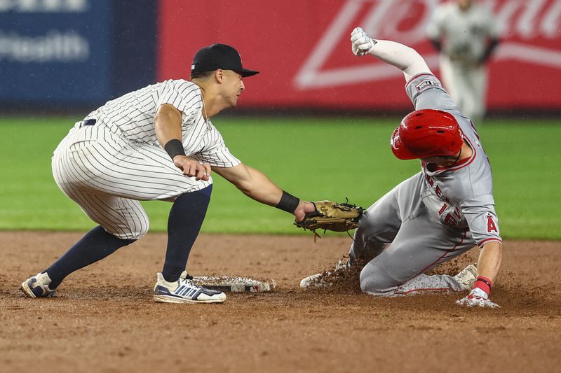 Aug 8, 2024; Bronx, New York, USA;  New York Yankees shortstop Anthony Volpe (11) tags out Los Angeles Angels center fielder Mickey Moniak (16) in the fifth inning at Yankee Stadium. Mandatory Credit: Wendell Cruz-USA TODAY Sports