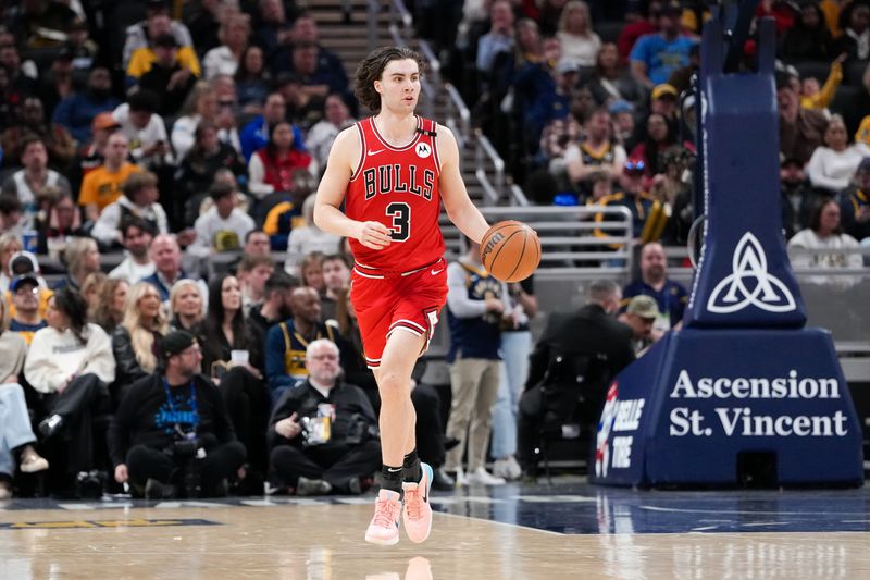 INDIANAPOLIS, INDIANA - MARCH 02: Josh Giddey #3 of the Chicago Bulls dribbles the ball in the third quarter against the Indiana Pacers at Gainbridge Fieldhouse on March 02, 2025 in Indianapolis, Indiana. NOTE TO USER: User expressly acknowledges and agrees that, by downloading and or using this photograph, User is consenting to the terms and conditions of the Getty Images License Agreement. (Photo by Dylan Buell/Getty Images)