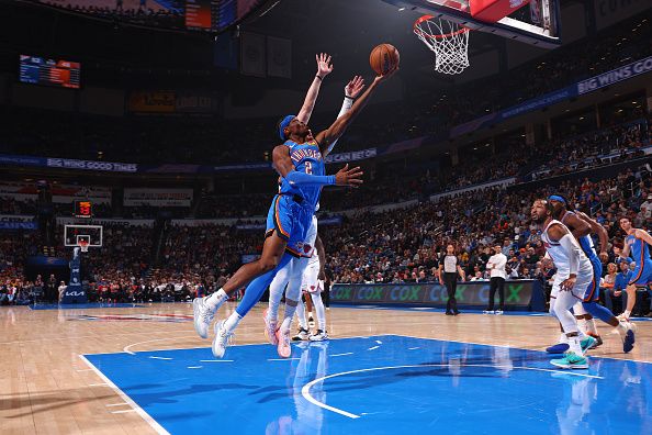 OKLAHOMA CITY, OK - DECEMBER 27: Shai Gilgeous-Alexander #2 of the Oklahoma City Thunder shoots the ball during the game against the New York Knicks on December 27, 2023 at Paycom Arena in Oklahoma City, Oklahoma. NOTE TO USER: User expressly acknowledges and agrees that, by downloading and or using this photograph, User is consenting to the terms and conditions of the Getty Images License Agreement. Mandatory Copyright Notice: Copyright 2023 NBAE (Photo by Zach Beeker/NBAE via Getty Images)