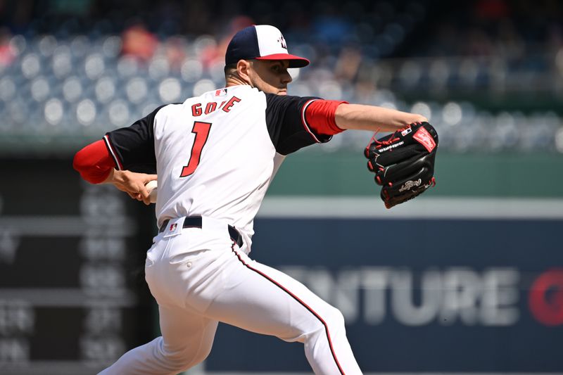 Sep 15, 2024; Washington, District of Columbia, USA; Washington Nationals starting pitcher MacKenzie Gore (1) throws a pitch against the Miami Marlins during the first inning at Nationals Park. Mandatory Credit: Rafael Suanes-Imagn Images