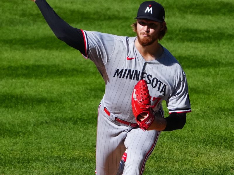 Oct 1, 2023; Denver, Colorado, USA; Minnesota Twins starting pitcher Bailey Ober (17) delivers a pitch in the sixth inning against the Colorado Rockies at Coors Field. Mandatory Credit: Ron Chenoy-USA TODAY Sports