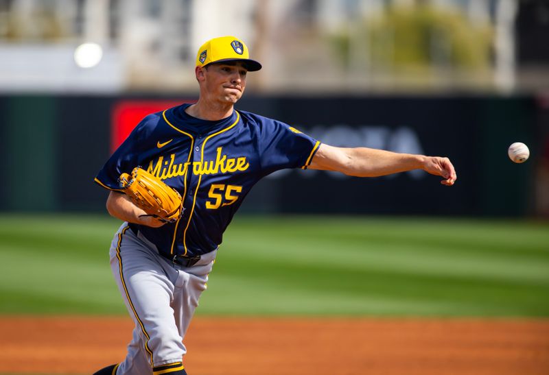 Feb 27, 2024; Tempe, Arizona, USA; Milwaukee Brewers pitcher Hoby Milner against the Los Angeles Angels during a spring training game at Tempe Diablo Stadium. Mandatory Credit: Mark J. Rebilas-USA TODAY Sports