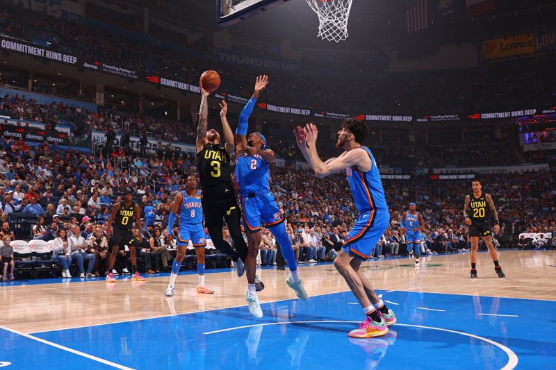 OKLAHOMA CITY, OK - MARCH 20: Keyonte George #3 of the Utah Jazz shoots the ball during the game against the Oklahoma City Thunder on March 20, 2024 at Paycom Arena in Oklahoma City, Oklahoma. NOTE TO USER: User expressly acknowledges and agrees that, by downloading and or using this photograph, User is consenting to the terms and conditions of the Getty Images License Agreement. Mandatory Copyright Notice: Copyright 2024 NBAE (Photo by Zach Beeker/NBAE via Getty Images)