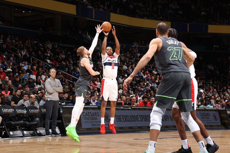 WASHINGTON, DC -? JANUARY 13:  Bub Carrington #8 of the Washington Wizards shoots the ball during the game against the Minnesota Timberwolves on January 13, 2025 at Capital One Arena in Washington, DC. NOTE TO USER: User expressly acknowledges and agrees that, by downloading and or using this Photograph, user is consenting to the terms and conditions of the Getty Images License Agreement. Mandatory Copyright Notice: Copyright 2025 NBAE (Photo by Stephen Gosling/NBAE via Getty Images)