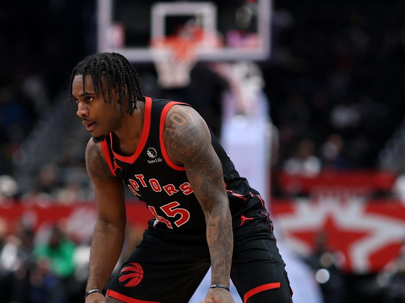 WASHINGTON, DC - JANUARY 29: Davion Mitchell #45 of the Toronto Raptors handles the ball against the Washington Wizards during the first half at Capital One Arena on January 29, 2025 in Washington, DC. NOTE TO USER: User expressly acknowledges and agrees that, by downloading and or using this photograph, User is consenting to the terms and conditions of the Getty Images License Agreement. (Photo by Patrick Smith/Getty Images)