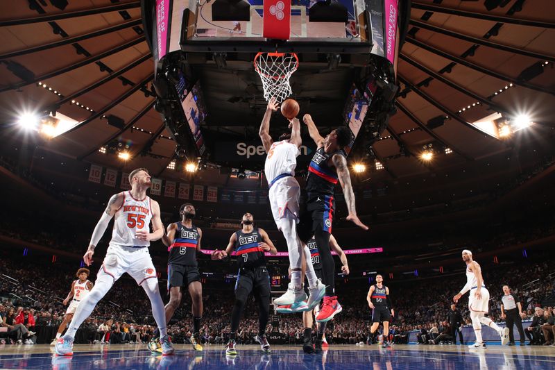 NEW YORK, NY - MARCH 25:  Precious Achiuwa #5 of the New York Knicks drives to the basket during the game against the Detroit Pistons on March 25, 2024 at Madison Square Garden in New York City, New York.  NOTE TO USER: User expressly acknowledges and agrees that, by downloading and or using this photograph, User is consenting to the terms and conditions of the Getty Images License Agreement. Mandatory Copyright Notice: Copyright 2024 NBAE  (Photo by David L. Nemec /NBAE via Getty Images)