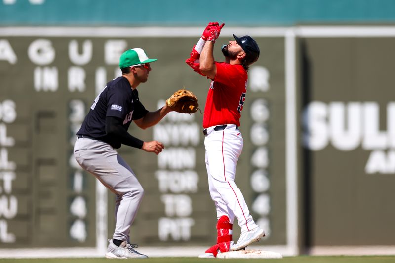 Mar 17, 2024; Fort Myers, Florida, USA;  Boston Red Sox center fielder Ceddanne Rafaela (43) reacts after hitting an rbi double against the New York Yankees in the sixth inning at JetBlue Park at Fenway South. Mandatory Credit: Nathan Ray Seebeck-USA TODAY Sports