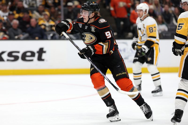 Nov 7, 2023; Anaheim, California, USA; Anaheim Ducks center Leo Carlsson (91) on the ice during the second period against the Pittsburgh Penguins at Honda Center. Mandatory Credit: Kiyoshi Mio-USA TODAY Sports