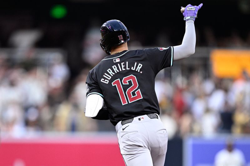 Jul 6, 2024; San Diego, California, USA; Arizona Diamondbacks left fielder Lourdes Gurriel Jr. (12) rounds the bases after hitting a home run against the San Diego Padres during the fourth inning at Petco Park. Mandatory Credit: Orlando Ramirez-USA TODAY Sports