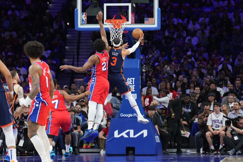 PHILADELPHIA, PA - APRIL 28: Josh Hart #3 of the New York Knicks drives to the basket during the game against the Philadelphia 76ers during Round 1 Game 4 of the 2024 NBA Playoffs on April 28, 2024 at the Wells Fargo Center in Philadelphia, Pennsylvania NOTE TO USER: User expressly acknowledges and agrees that, by downloading and/or using this Photograph, user is consenting to the terms and conditions of the Getty Images License Agreement. Mandatory Copyright Notice: Copyright 2024 NBAE (Photo by Jesse D. Garrabrant/NBAE via Getty Images)