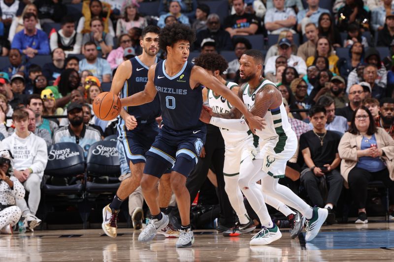 MEMPHIS, TN - OCTOBER 31: Jaylen Wells #0 of the Memphis Grizzlies drives to the basket during the game against the Milwaukee Bucks on October 31, 2024 at FedExForum in Memphis, Tennessee. NOTE TO USER: User expressly acknowledges and agrees that, by downloading and or using this photograph, User is consenting to the terms and conditions of the Getty Images License Agreement. Mandatory Copyright Notice: Copyright 2024 NBAE (Photo by Joe Murphy/NBAE via Getty Images)