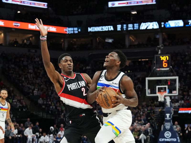 MINNEAPOLIS, MN -  APRIL 2: Anthony Edwards #1 of the Minnesota Timberwolves drives to the basket during the game against the Portland Trail Blazers on April 2, 2023 at Target Center in Minneapolis, Minnesota. NOTE TO USER: User expressly acknowledges and agrees that, by downloading and or using this Photograph, user is consenting to the terms and conditions of the Getty Images License Agreement. Mandatory Copyright Notice: Copyright 2023 NBAE (Photo by Jordan Johnson/NBAE via Getty Images)