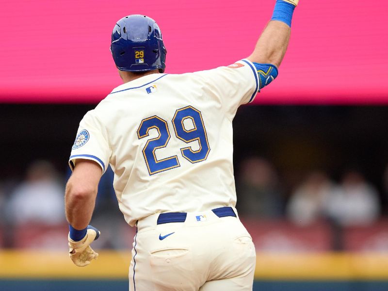 Sep 14, 2025; Seattle, Washington, USA; Seattle Mariners catcher Cal Raleigh (29) rounds the bases on a two-run home run during the first inning against the Los Angeles Angels at T-Mobile Park. Mandatory Credit: John Froschauer-Imagn Images
