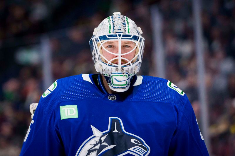 Nov 30, 2023; Vancouver, British Columbia, CAN; Vancouver Canucks goalie Thatcher Demko (35) skates during a stop in play against the Vegas Golden Knights in the third period at Rogers Arena. Vegas won 4-1. Mandatory Credit: Bob Frid-USA TODAY Sports