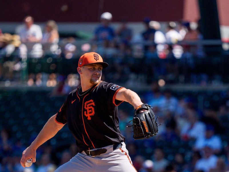 Mar 22, 2024; Mesa, Arizona, USA; San Francisco Giants starting pitcher Keaton Winn (67) on the mound in the first inning during a spring training game against the Chicago Cubs at Sloan Park. Mandatory Credit: Allan Henry-USA TODAY Sports