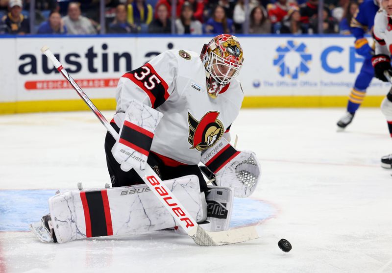 Nov 5, 2024; Buffalo, New York, USA;  Ottawa Senators goaltender Linus Ullmark (35) looks to make a save during the second period against the Buffalo Sabres at KeyBank Center. Mandatory Credit: Timothy T. Ludwig-Imagn Images