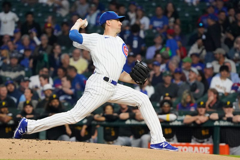 Sep 21, 2023; Chicago, Illinois, USA; Chicago Cubs starting pitcher Kyle Hendricks (28) throws the ball against the Pittsburgh Pirates during the first inning at Wrigley Field. Mandatory Credit: David Banks-USA TODAY Sports