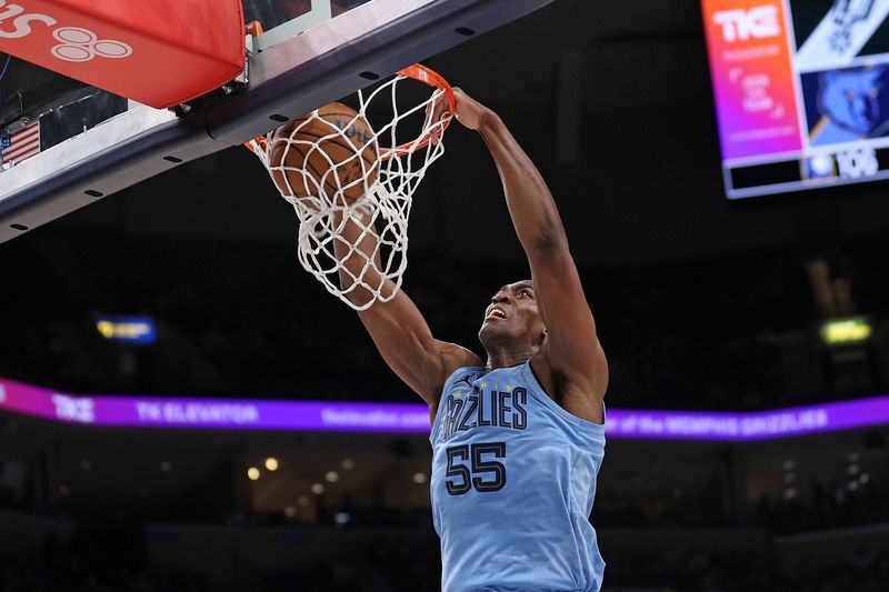 MEMPHIS, TENNESSEE - APRIL 09: Trey Jemison #55 of the Memphis Grizzlies dunks against the San Antonio Spurs at FedExForum on April 09, 2024 in Memphis, Tennessee. NOTE TO USER: User expressly acknowledges and agrees that, by downloading and or using this photograph, User is consenting to the terms and conditions of the Getty Images License Agreement. (Photo by Justin Ford/Getty Images)