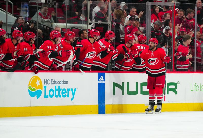 Mar 21, 2024; Raleigh, North Carolina, USA; Carolina Hurricanes left wing Jordan Martinook (48) celebrates his goal against the Philadelphia Flyers during the second period at PNC Arena. Mandatory Credit: James Guillory-USA TODAY Sports