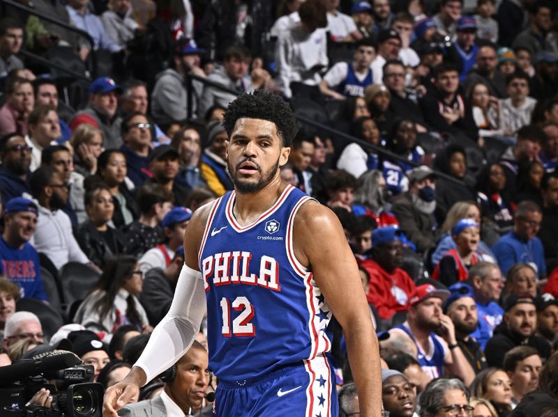 PHILADELPHIA, PA - APRIL 2: Tobias Harris #12 of the Philadelphia 76ers looks on during the game against the Oklahoma City Thunder on April 2, 2024 at the Wells Fargo Center in Philadelphia, Pennsylvania NOTE TO USER: User expressly acknowledges and agrees that, by downloading and/or using this Photograph, user is consenting to the terms and conditions of the Getty Images License Agreement. Mandatory Copyright Notice: Copyright 2024 NBAE (Photo by David Dow/NBAE via Getty Images)