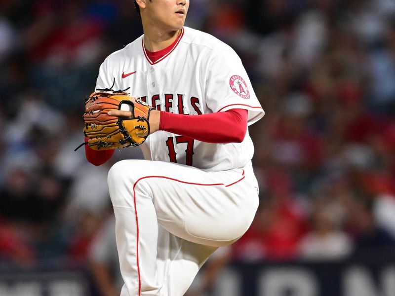 Apr 7, 2022; Anaheim, California, USA; Los Angeles Angels starting pitcher Shohei Ohtani (17) throws a pitch in the second inning against the Houston Astros at Angel Stadium. Mandatory Credit: Jayne Kamin-Oncea-USA TODAY Sports