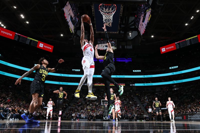 SALT LAKE CITY, UT - JANUARY 12: Scottie Barnes #4 of the Toronto Raptors drives to the basket during the game against the Utah Jazz on January 12, 2024 at Delta Center in Salt Lake City, Utah. NOTE TO USER: User expressly acknowledges and agrees that, by downloading and or using this Photograph, User is consenting to the terms and conditions of the Getty Images License Agreement. Mandatory Copyright Notice: Copyright 2024 NBAE (Photo by Melissa Majchrzak/NBAE via Getty Images)