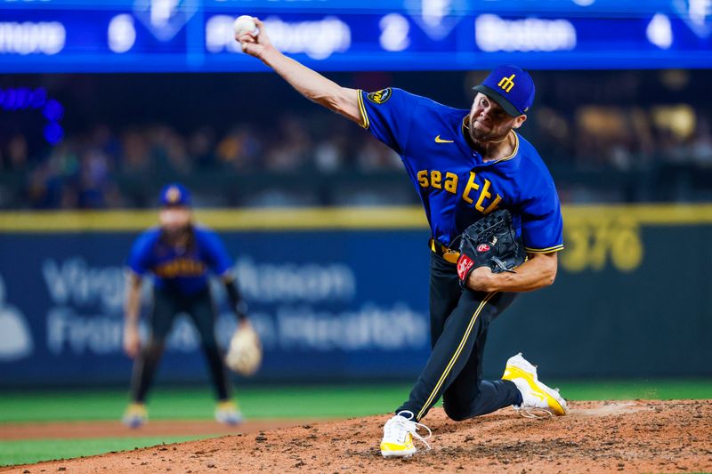 Aug 25, 2023; Seattle, Washington, USA; Seattle Mariners relief pitcher Matt Brash (47) shows against the Kansas City Royals during the seventh inning at T-Mobile Park. Mandatory Credit: Joe Nicholson-USA TODAY Sports