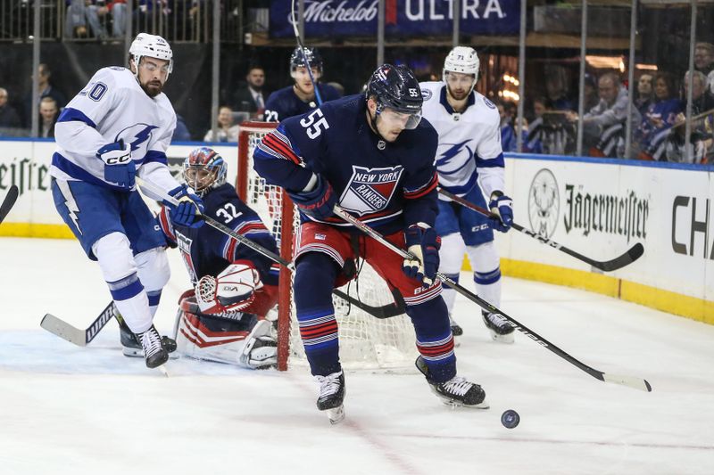 Feb 7, 2024; New York, New York, USA; New York Rangers defenseman Ryan Lindgren (55) chases the puck in the first period against the Tampa Bay Lightning at Madison Square Garden. Mandatory Credit: Wendell Cruz-USA TODAY Sports