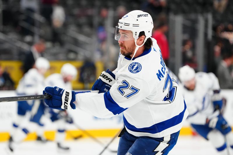 Nov 6, 2025; Las Vegas, Nevada, USA; Tampa Bay Lightning defenseman Ryan McDonagh (27) warms up before a game against the Vegas Golden Knighs at T-Mobile Arena. Mandatory Credit: Stephen R. Sylvanie-Imagn Images