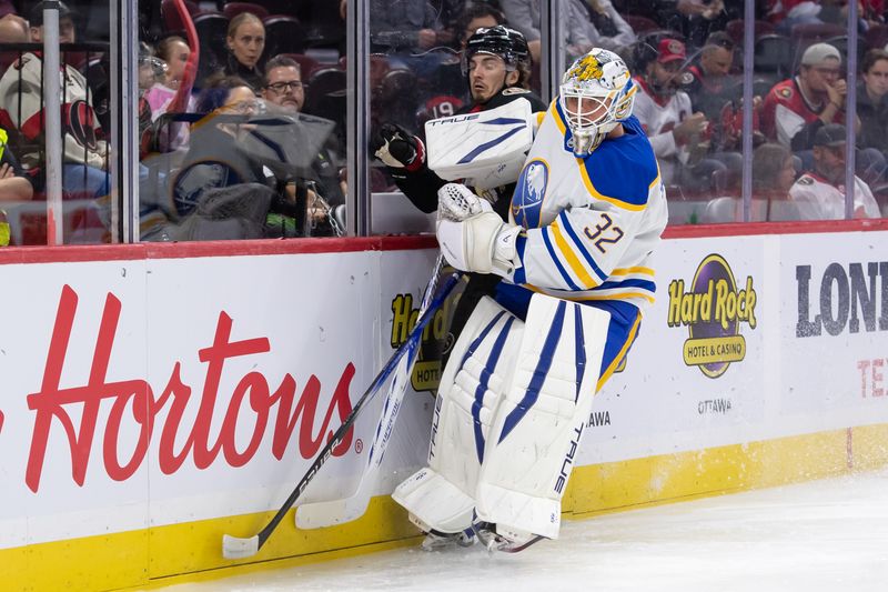 Sep 26, 2024; Ottawa, Ontario, CAN; Buffalo Sabres goalie Felix Sandstrom (32) screens Ottawa Senators right wing Xavier Bourgault (53) in the first period at the Canadian Tire Centre. Mandatory Credit: Marc DesRosiers-Imagn Images