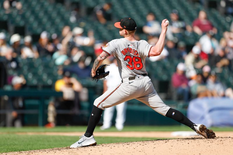 May 26, 2024; Chicago, Illinois, USA; Baltimore Orioles starting pitcher Kyle Bradish (38) delivers a pitch against the Chicago White Sox during the seventh inning at Guaranteed Rate Field. Mandatory Credit: Kamil Krzaczynski-USA TODAY Sports