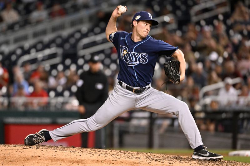 Apr 4, 2023; Washington, District of Columbia, USA; Tampa Bay Rays relief pitcher Kevin Kelly (49) throws to the Washington Nationals during the seventh inning at Nationals Park. Mandatory Credit: Brad Mills-USA TODAY Sports