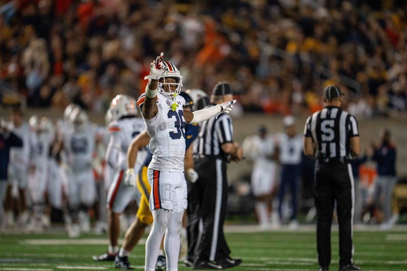 Sep 9, 2023; Berkeley, California, USA; Auburn Tigers safety Paul Thompson Jr. (38) celebrates against the California Golden Bears after the missed field goal  during the third quarter at California Memorial Stadium. Mandatory Credit: Neville E. Guard-USA TODAY Sports