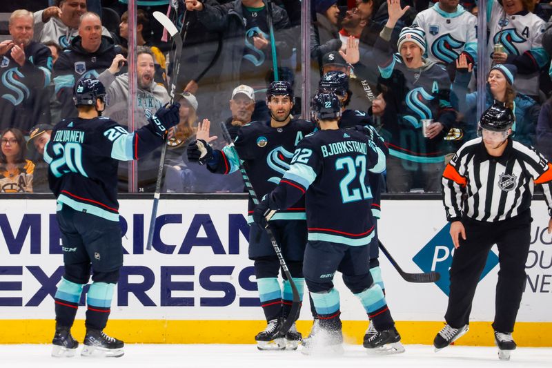 Feb 26, 2024; Seattle, Washington, USA; Seattle Kraken right wing Jordan Eberle (7) celebrates after scoring a power play goal against the Boston Bruins during the second period at Climate Pledge Arena. Mandatory Credit: Joe Nicholson-USA TODAY Sports