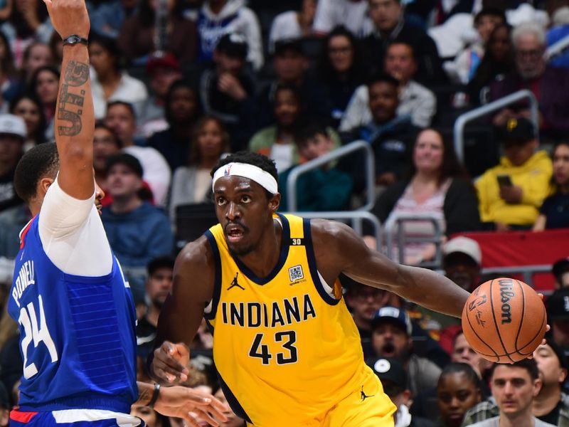 LOS ANGELES, CA - MARCH 25: Pascal Siakam #43 of the Indiana Pacers dribbles the ball during the game against the LA Clippers on March 25, 2024 at Crypto.Com Arena in Los Angeles, California. NOTE TO USER: User expressly acknowledges and agrees that, by downloading and/or using this Photograph, user is consenting to the terms and conditions of the Getty Images License Agreement. Mandatory Copyright Notice: Copyright 2024 NBAE (Photo by Adam Pantozzi/NBAE via Getty Images)