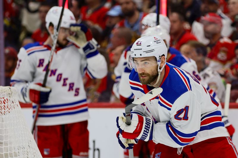 May 26, 2024; Sunrise, Florida, USA; New York Rangers center Barclay Goodrow (21) looks on after scoring against the Florida Panthers during the second period in game three of the Eastern Conference Final of the 2024 Stanley Cup Playoffs at Amerant Bank Arena. Mandatory Credit: Sam Navarro-USA TODAY Sports