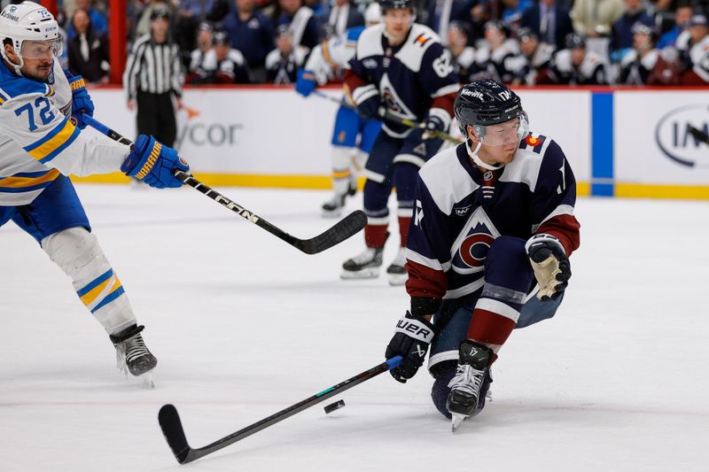 Dec 31, 2025; Denver, Colorado, USA; Colorado Avalanche center Parker Kelly (17) blocks a shot from St. Louis Blues defenseman Justin Faulk (72) in the third period at Ball Arena. Mandatory Credit: Isaiah J. Downing-Imagn Images