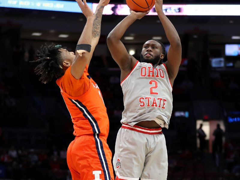 Jan 30, 2024; Columbus, Ohio, USA; Ohio State Buckeyes guard Bruce Thornton (2) shoots a three point basket over Illinois Fighting Illini guard Terrence Shannon Jr. (0) during the second half at Value City Arena. Mandatory Credit: Joseph Maiorana-USA TODAY Sports