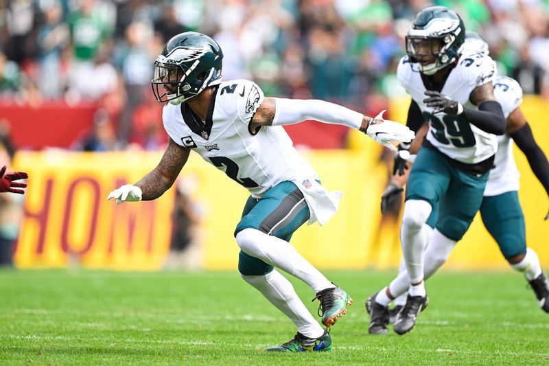 Philadelphia Eagles cornerback Darius Slay (2) in action during the first half of an NFL football game against the Washington Commanders, Sunday, Oct. 29, 2023, in Landover, Md. (AP Photo/Terrance Williams)