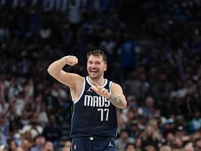 DALLAS, TX - OCTOBER 27: Luka Doncic #77 of the Dallas Mavericks celebrates during the game against the Brooklyn Nets on October 27, 2023 at the American Airlines Center in Dallas, Texas. NOTE TO USER: User expressly acknowledges and agrees that, by downloading and or using this photograph, User is consenting to the terms and conditions of the Getty Images License Agreement. Mandatory Copyright Notice: Copyright 2023 NBAE (Photo by Glenn James/NBAE via Getty Images)