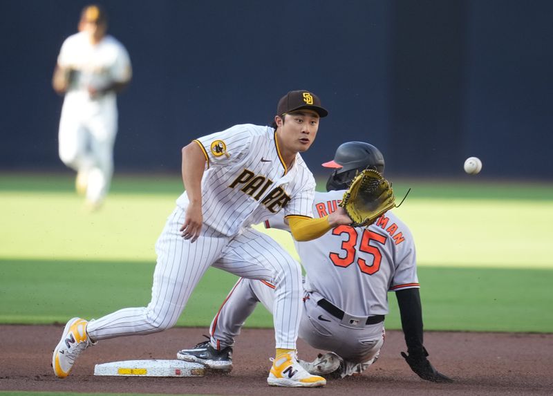 Aug 16, 2023; San Diego, California, USA;  Baltimore Orioles designated hitter Adley Rutschman (35) steals second base on a wild pitch by San Diego Padres starting pitcher Blake Snell (not pictured) during the first inning at Petco Park. Mandatory Credit: Ray Acevedo-USA TODAY Sports