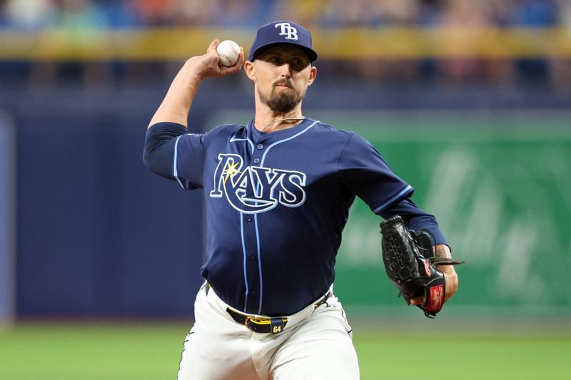 Apr 3, 2024; St. Petersburg, Florida, USA;  Tampa Bay Rays relief pitcher Shawn Armstrong (64) throws a pitch against the Texas Rangers in the seventh inning at Tropicana Field. Mandatory Credit: Nathan Ray Seebeck-USA TODAY Sports