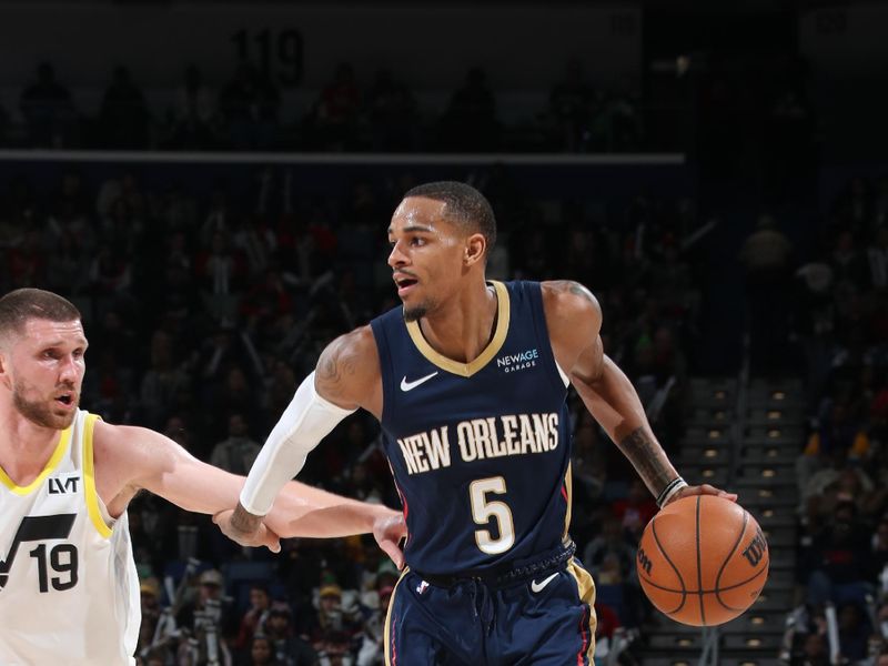 NEW ORLEANS, LA - JANUARY 17:  Dejounte Murray #5 of the New Orleans Pelicans dribbles the ball during the game against the Utah Jazz on January 17, 2025 at the Smoothie King Center in New Orleans, Louisiana. NOTE TO USER: User expressly acknowledges and agrees that, by downloading and or using this Photograph, user is consenting to the terms and conditions of the Getty Images License Agreement. Mandatory Copyright Notice: Copyright 2025 NBAE (Photo by Layne Murdoch Jr./NBAE via Getty Images)