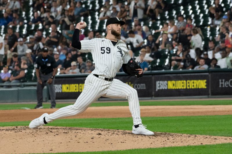 Sep 10, 2024; Chicago, Illinois, USA;  Chicago White Sox pitcher Sean Burke (59) makes his major league debut during the seventh inning against the Cleveland Guardians at Guaranteed Rate Field. Mandatory Credit: Matt Marton-Imagn Images