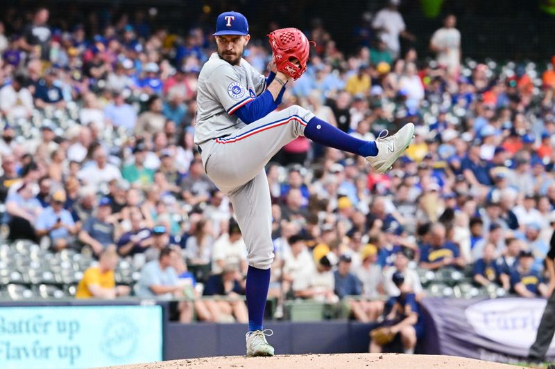 Jun 25, 2024; Milwaukee, Wisconsin, USA; Texas Rangers starting pitcher Andrew Heaney (44) pitches against the Milwaukee Brewers in the first inning at American Family Field. Mandatory Credit: Benny Sieu-USA TODAY Sports