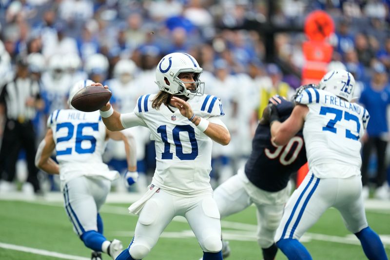 Indianapolis Colts quarterback Gardner Minshew (10) in action during an NFL preseason football game between the Chicago Bears and the Indianapolis Colts in Indianapolis, Saturday, Aug. 19, 2023. (AP Photo/Michael Conroy)