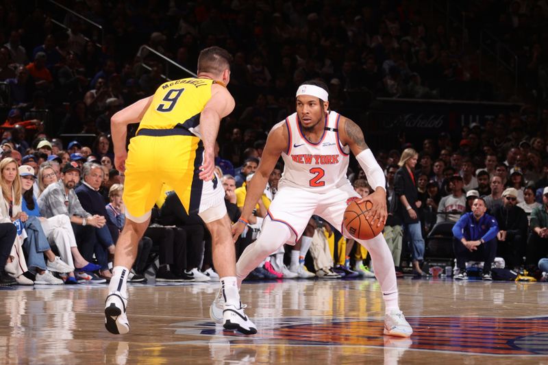 NEW YORK, NY - MAY 29: Miles McBride #2 of the New York Knicks dribbles the ball during the game against the Indiana Pacers during Game 5 of the 2025 Eastern Conference Finals on May 29, 2025 at Madison Square Garden in New York City, New York.  NOTE TO USER: User expressly acknowledges and agrees that, by downloading and or using this photograph, User is consenting to the terms and conditions of the Getty Images License Agreement. Mandatory Copyright Notice: Copyright 2025 NBAE  (Photo by Nathaniel S. Butler/NBAE via Getty Images)
